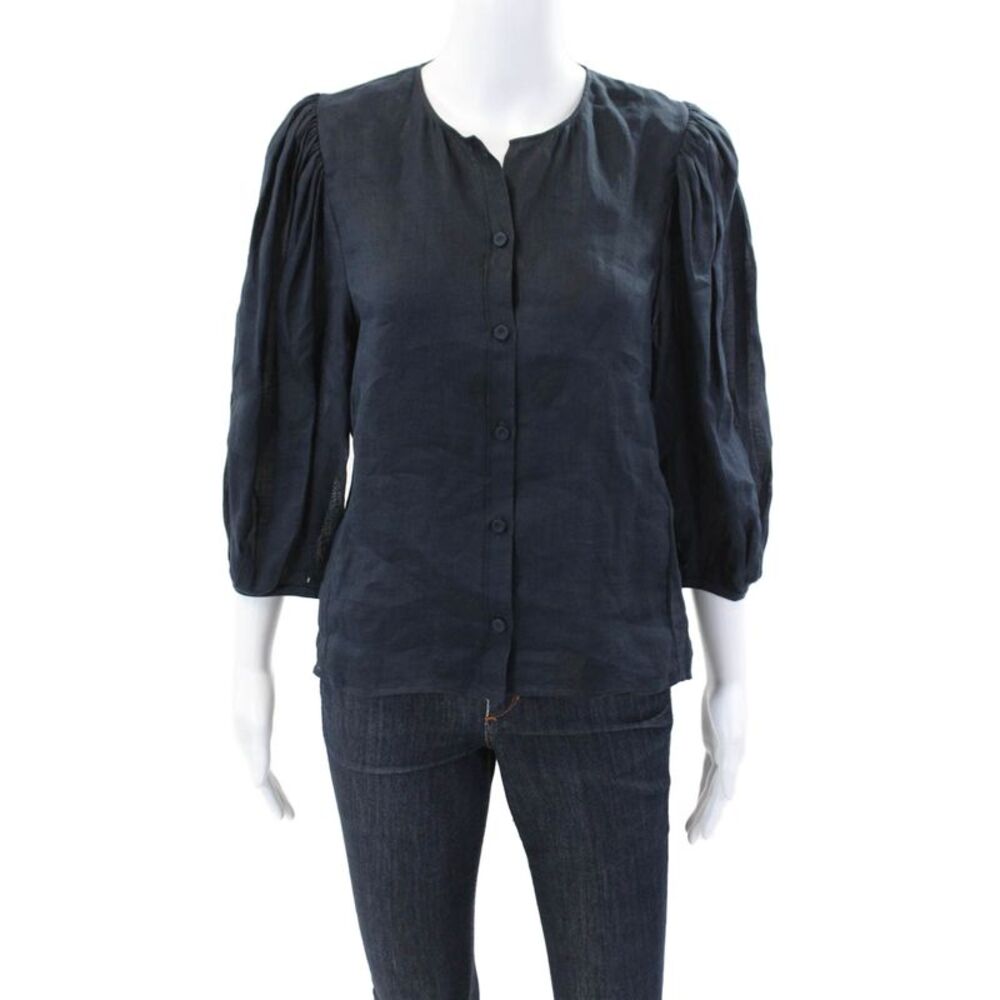 Designer Womens Long Puff Sleeve Button Down Blouse Navy Size 38